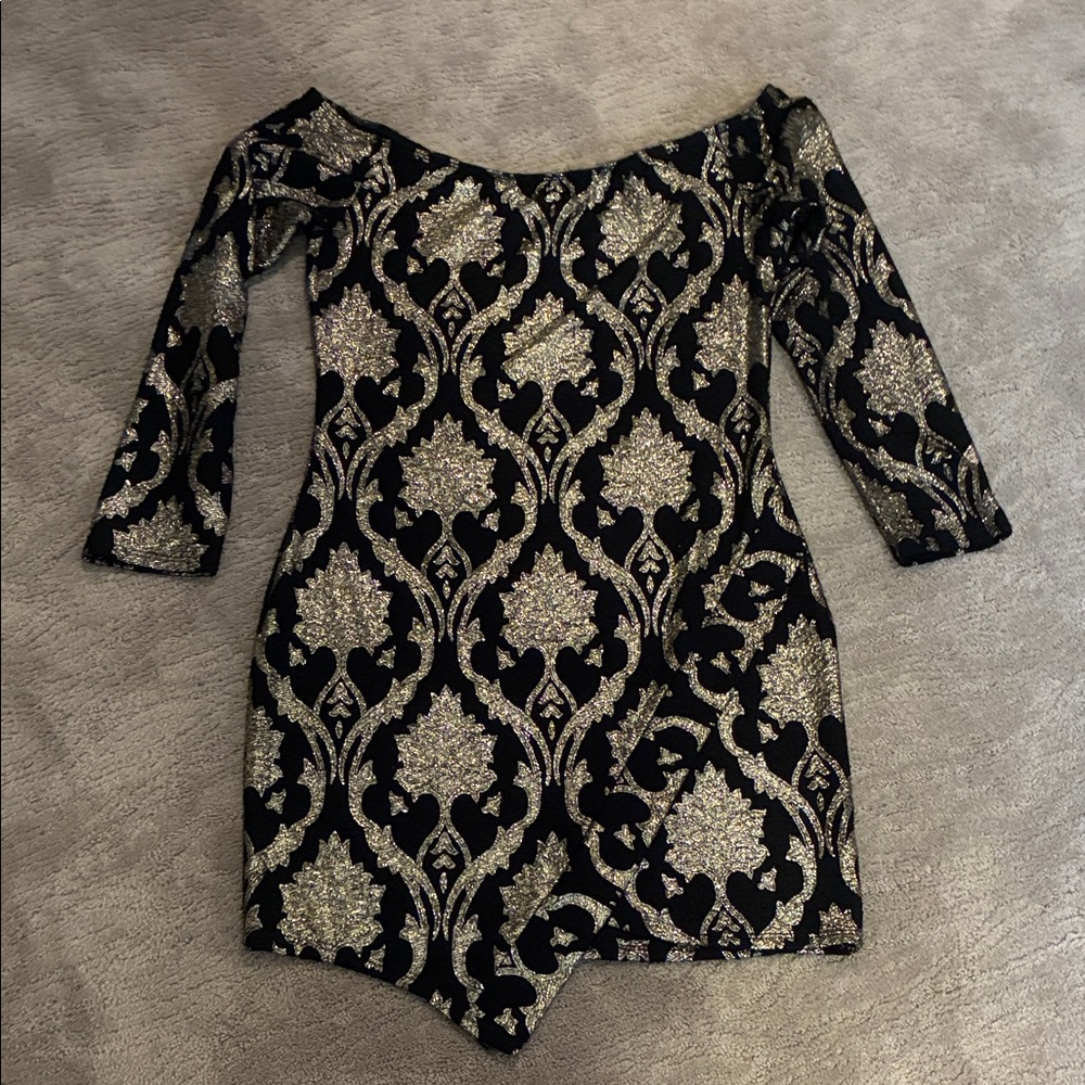 Black and gold wide neck stretch mini dress